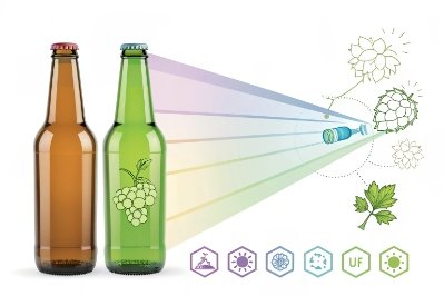 Diagram comparing amber and green glass bottles for UV light protection in beverages