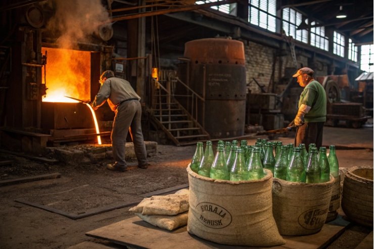 Glassblowers working near furnace with green bottles collected in sacks for reuse.