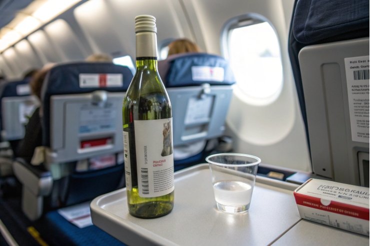 White wine glass bottle on airplane tray with plastic cup for in-flight service.