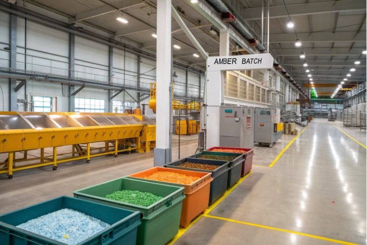 Glass factory floor with recycled cullet bins and amber batch production line