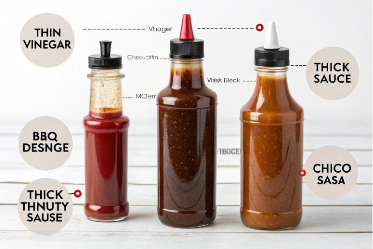 Sauce bottle comparison showing thin vinegar and thick sauces with different cap and nozzle styles.