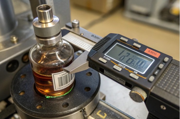Digital caliper measuring glass bottle diameter for quality control in production