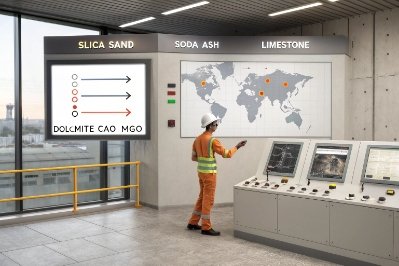 Control room dashboard tracking silica sand soda ash limestone and dolomite for glass batch mixing