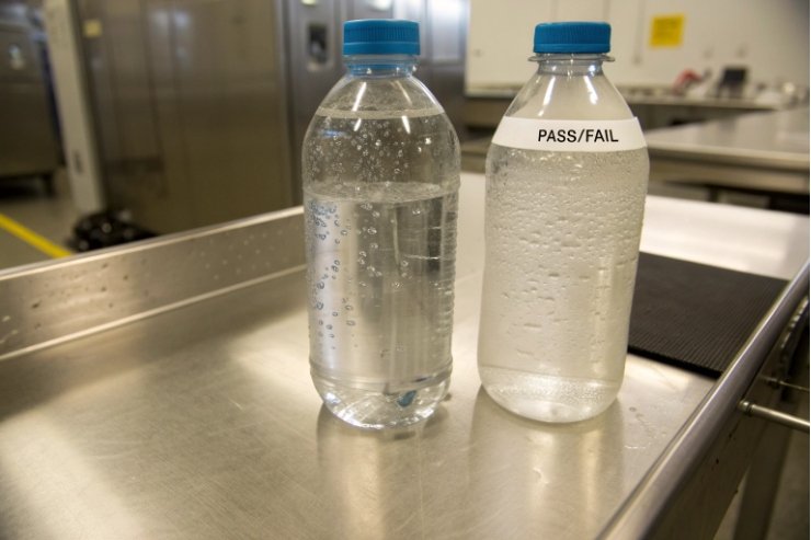 Two water bottles with blue caps showing condensation and pass fail test label