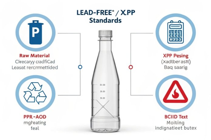 Lead-free glass bottle standards infographic with quality and recycling compliance icons
