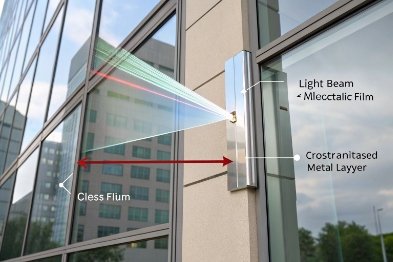 Diagram of window coating film reflecting light beam on modern building facade