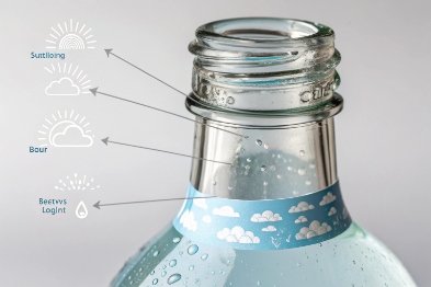Close-up of clear glass bottle neck with blue band label and condensation droplets