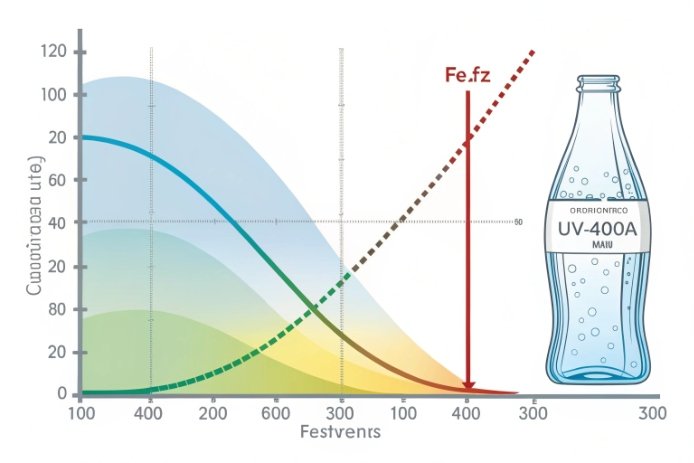 UV light transmission chart beside soda glass bottle illustration for packaging testing