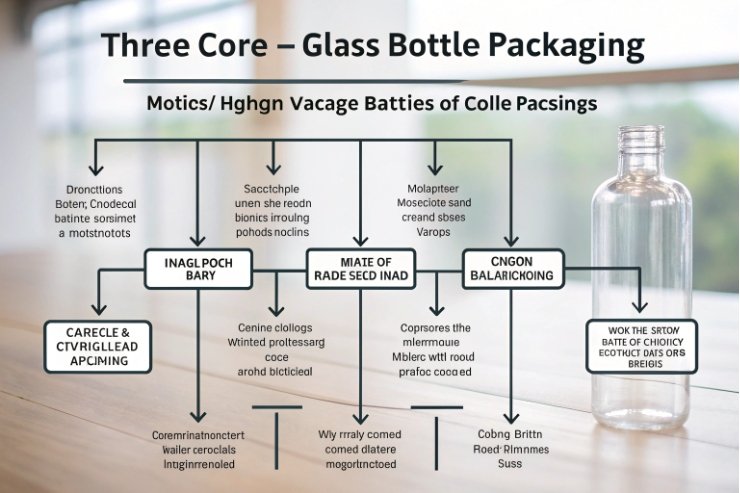 Flowchart showing three core steps for glass bottle packaging and handling