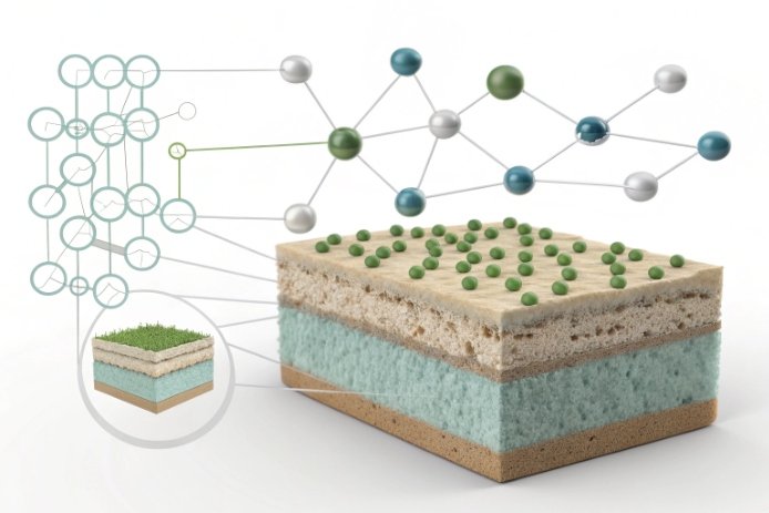 Layered material model with molecular network illustrating alumina structure and surface additives