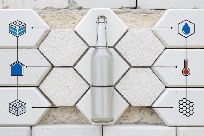 Clear long-neck glass bottle on tiled wall with material icons