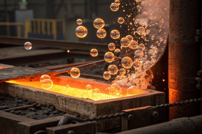 Molten glass stream with rising bubbles during high-temperature melting and refining.