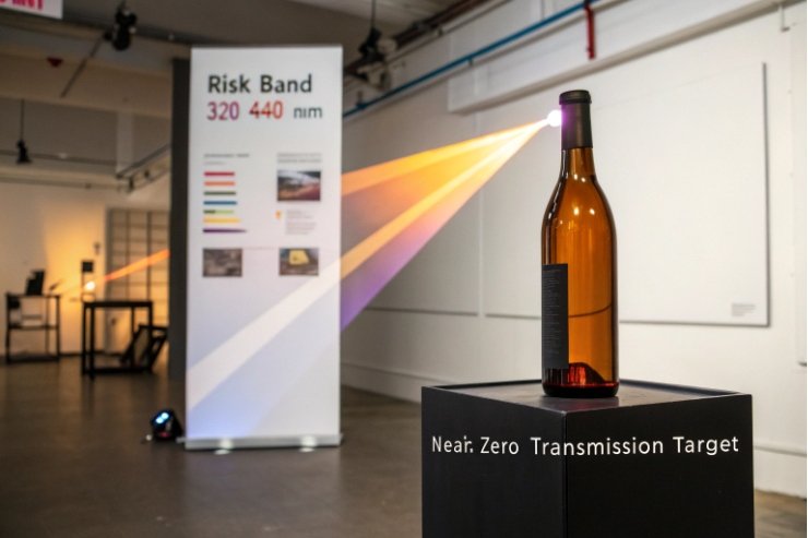 Amber wine bottle on display with laser beam showing UV transmission testing