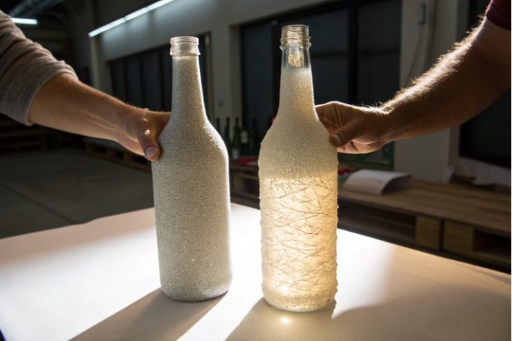Hands holding two textured frosted glass bottles under bright backlight for inspection