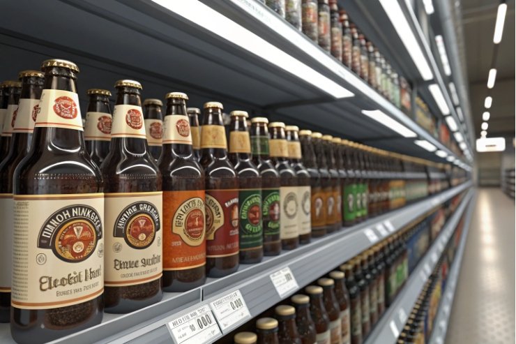 Various beer bottles arranged neatly on a store shelf in a supermarket