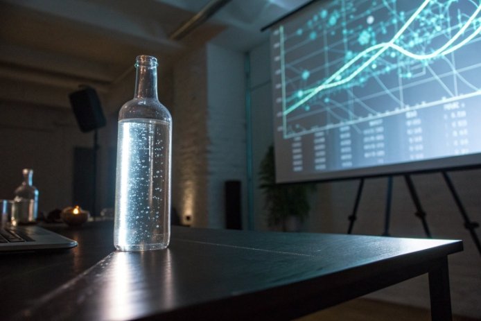 Illuminated clear glass bottle on table with presentation screen showing data chart in background
