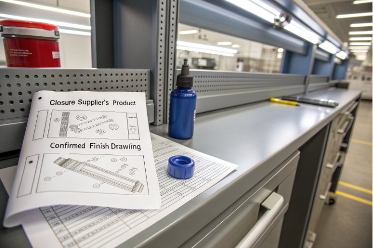 Confirmed finish drawing for closures with blue sample bottle and cap on bench