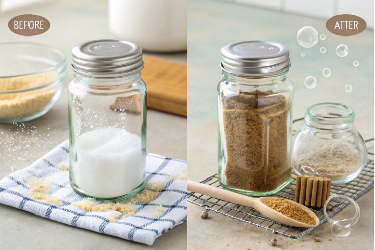 Before and after: glass jar keeps brown sugar soft and lump-free