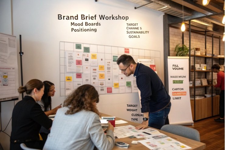 Team runs brand brief workshop with mood boards, positioning notes, and packaging goals wall.