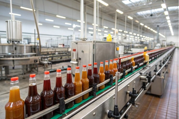 Automated bottling line in a large, bright factory: glass bottles filled with different-colored sauces moving on a conveyor past stainless equipment