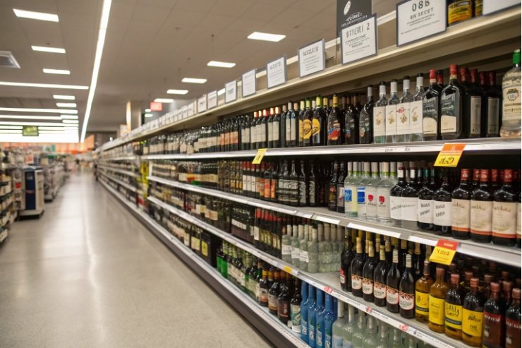Long supermarket aisle filled with assorted wine and spirits glass bottles