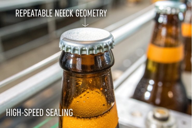 Crown cap beer bottle on bottling line showing repeatable neck geometry and high-speed sealing