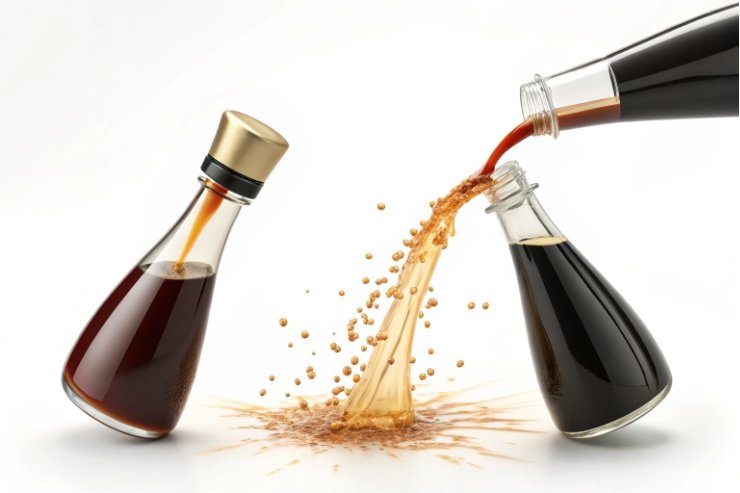 Two bottles of soy sauce with a spill in the middle