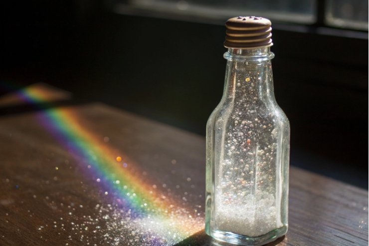 Small clear glass spice bottle with shaker cap and rainbow light on table.