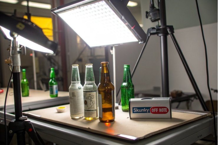 Studio test setup comparing clear, amber, and green beer bottles for skunking.
