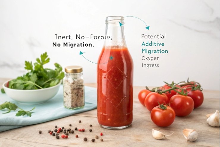 Tomato sauce in clear glass bottle with fresh ingredients highlighting no migration benefits