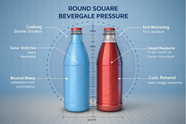 Illustration comparing round and square carbonated beverage bottles and pressure resistance features