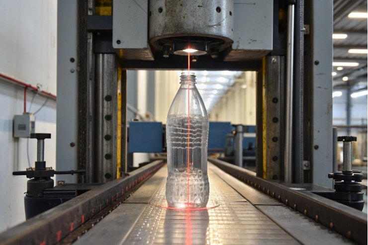 Clear bottle on conveyor under laser scanner for automated dimension inspection.
