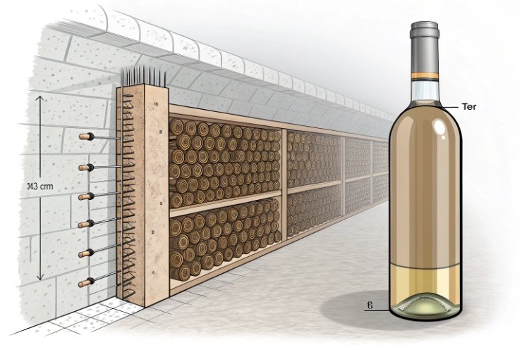 Diagram of wine cellar storage racks with bottle size and wall measurements