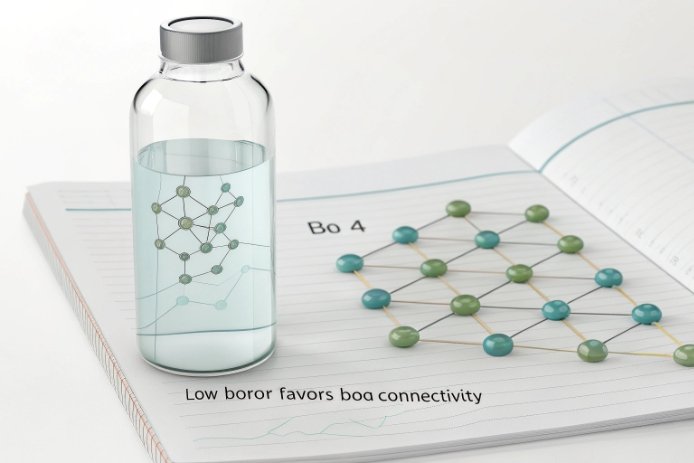 Clear glass bottle with boron network diagram beside notebook showing molecular structure