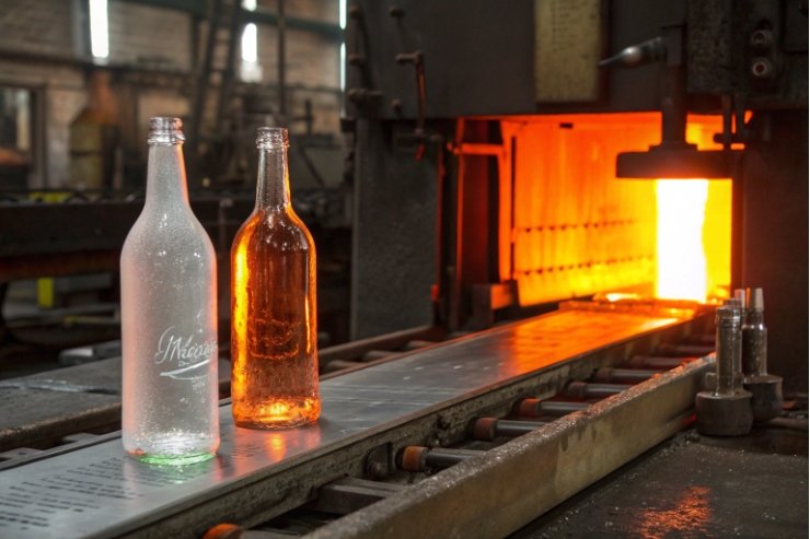 Frosted and amber glass bottles beside annealing oven in factory line