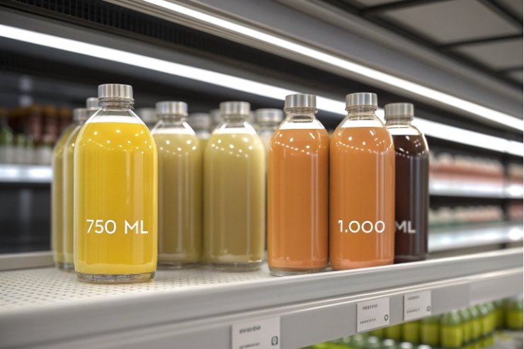 750ml and 1000ml clear beverage bottles with screw caps on supermarket shelf.