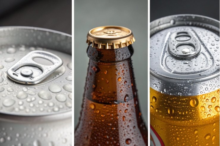 Close-up of can tabs and crown cap bottle tops with condensation