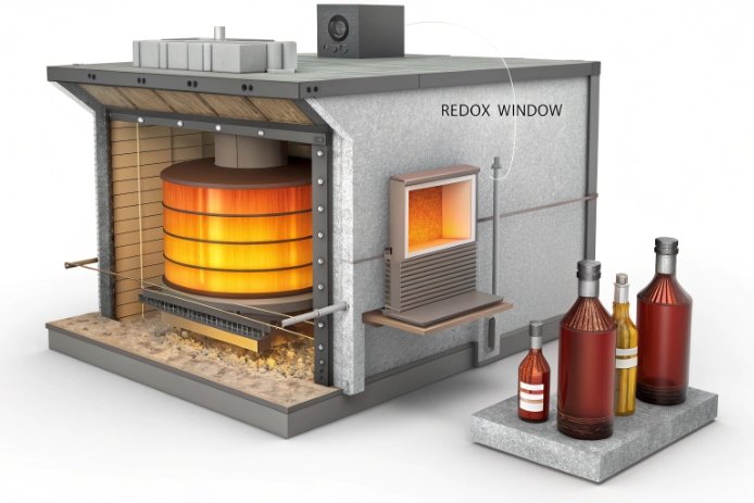 Cutaway industrial glass furnace with redox window beside colored bottle samples