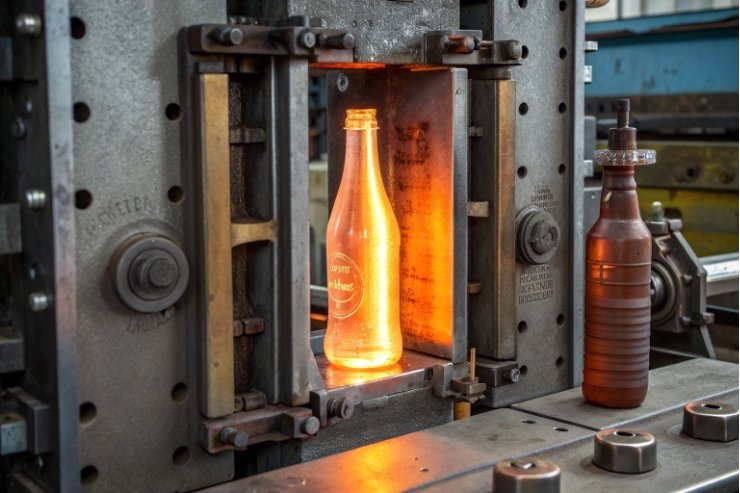 Glowing hot glass bottle in forming mold during industrial bottle manufacturing process.
