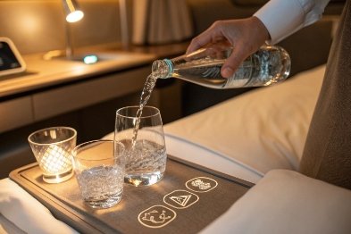 Guest pours bottled water into glass on hotel tray beside two tumblers