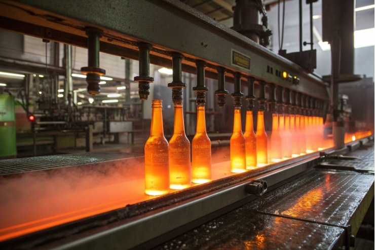 Amber glass bottles pass through cooling spray tunnel during hot-end coating process.