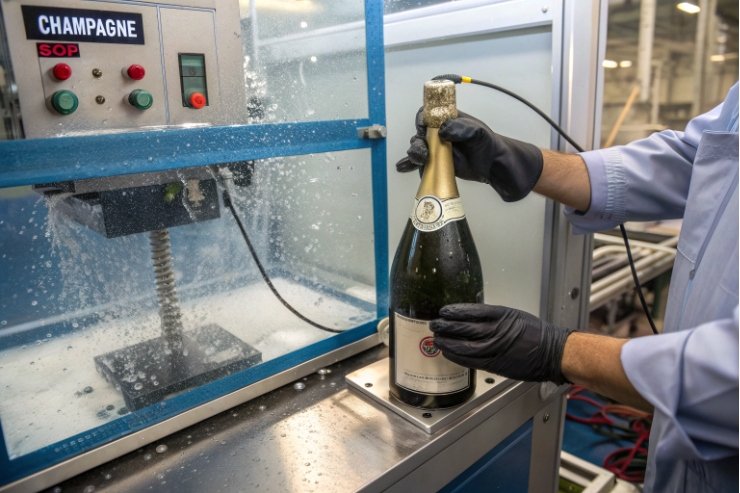 Operator checking champagne bottle durability with automated impact and spray testing machine.