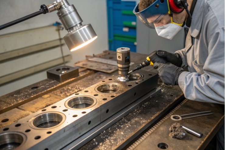 Technician machining multi-cavity mold block under task light in toolroom