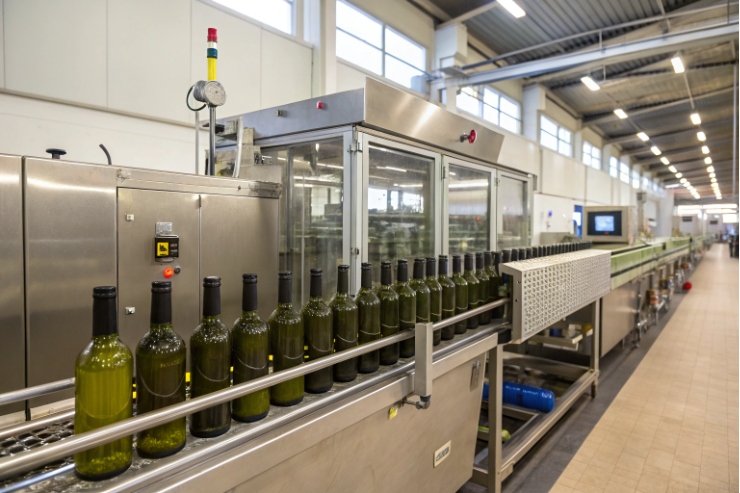 Empty green wine bottles move through automated rinsing machine on stainless production line.