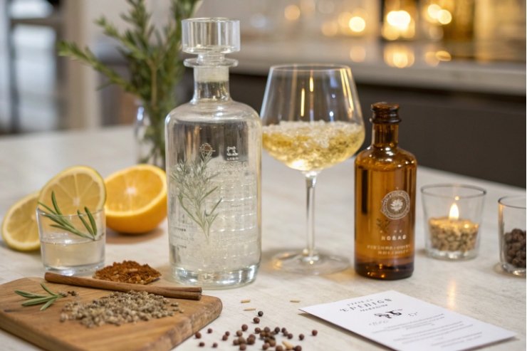 Clear spirits bottle and amber bitters bottle with citrus herbs spices on bar counter