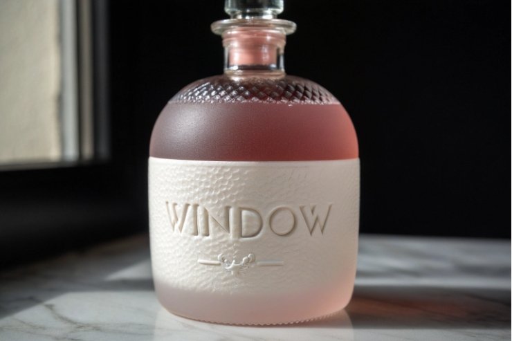 Round frosted perfume bottle with embossed brand logo on textured glass surface