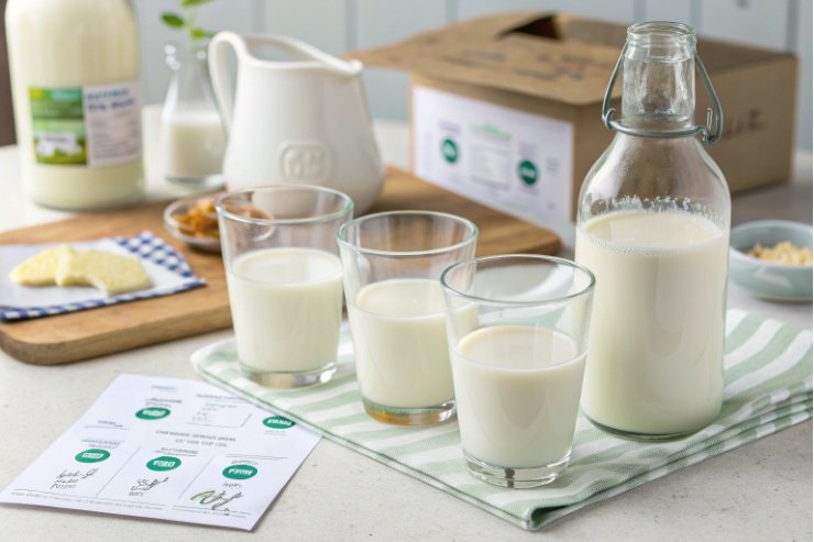Swing-top glass milk bottle with three filled glasses on kitchen counter