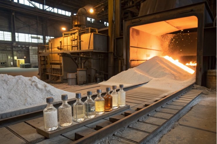 Sample glass bottles lined near furnace with raw batch materials for glassmaking.