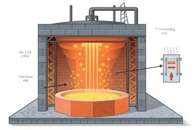 Cross-section diagram of glass melting furnace showing heat zones and molten glass flow