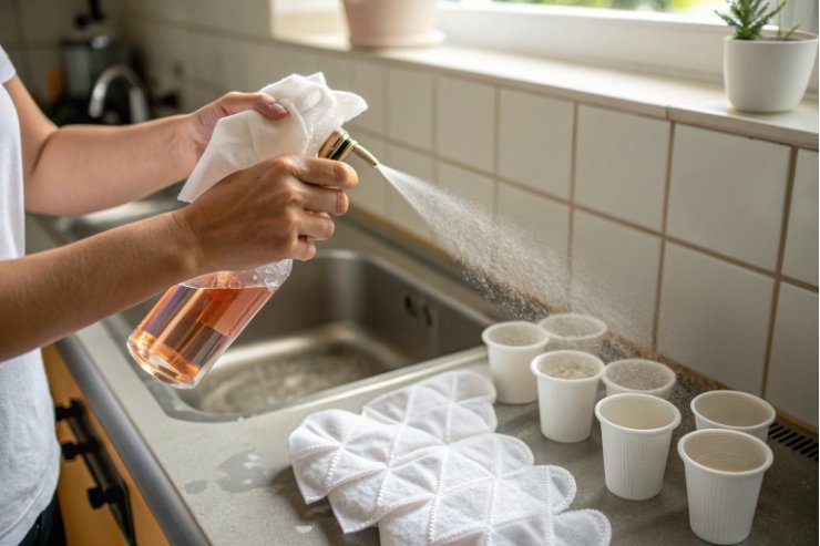 Person sprays cleaner from trigger bottle over kitchen sink counter and cups.
